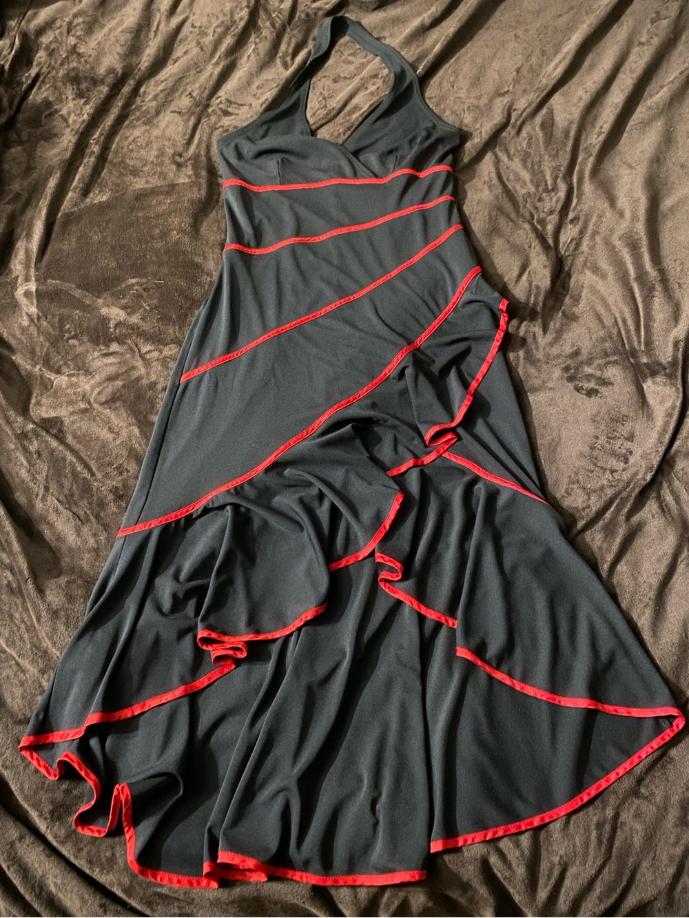 Finesse Black Halter High-Low Dress with Red Trim